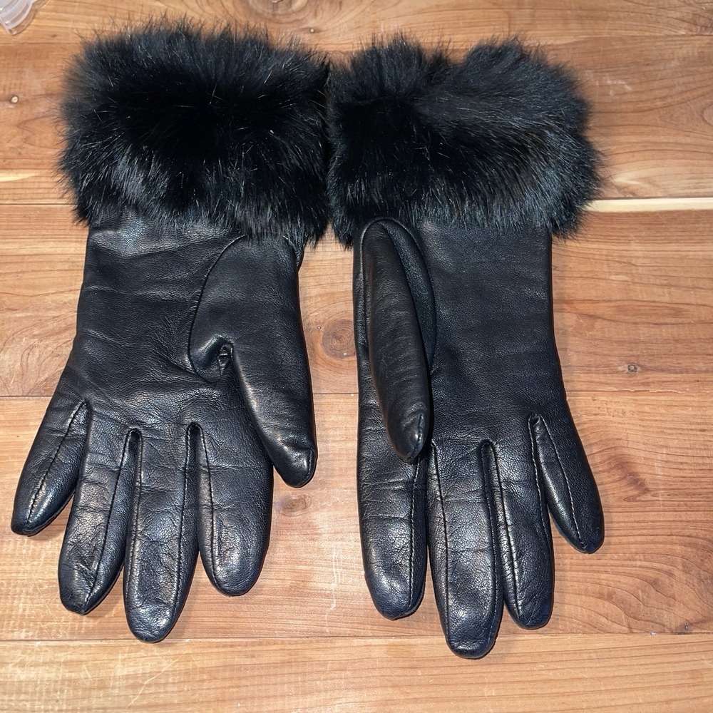 Women's Black SOFT LEATHER GLOVES 100% Cashmere Lined FUR‎ Cuffs Size 7 Vintage